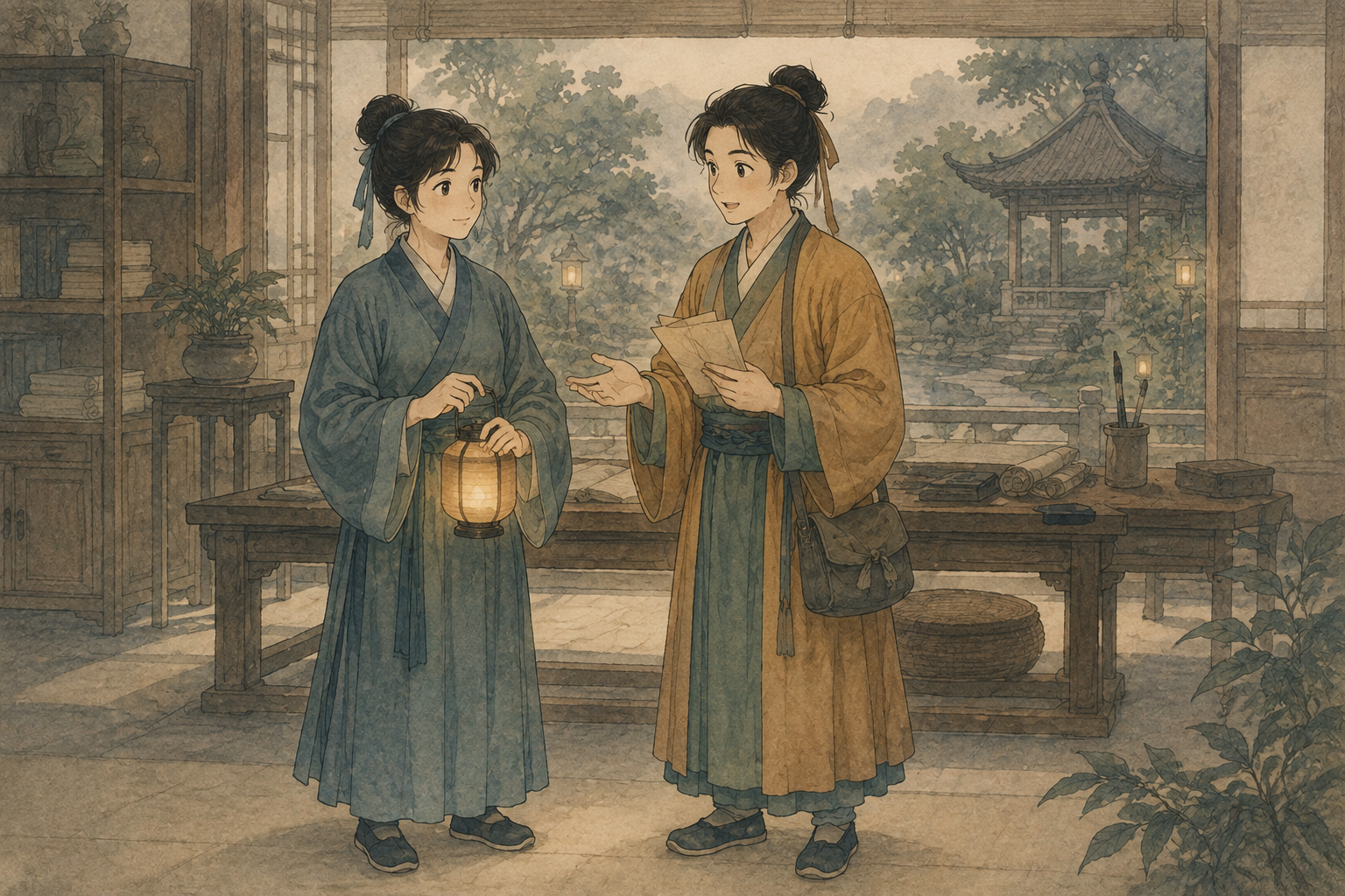 守灯人与传信人在庭院交谈，以人物比喻两种心的活动。